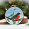 A handcrafted wood slice Christmas ornament with a handpainted bird at Cove Creek Photography.